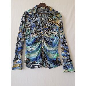 Cache Vintage Y2K Silk Paisley Leopard Ruched Snap Front Blouse Blue Size L